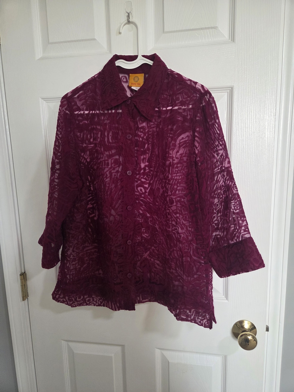 Ruby Rd. Sheer Burnout Button-Front Blouse in Plum